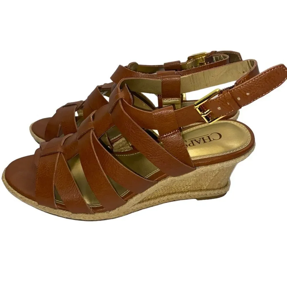 Chaps Dallyn Sz 7.5 Brown Faux Leather Open Toe Ankle Strap Wedge Sandals Shoes